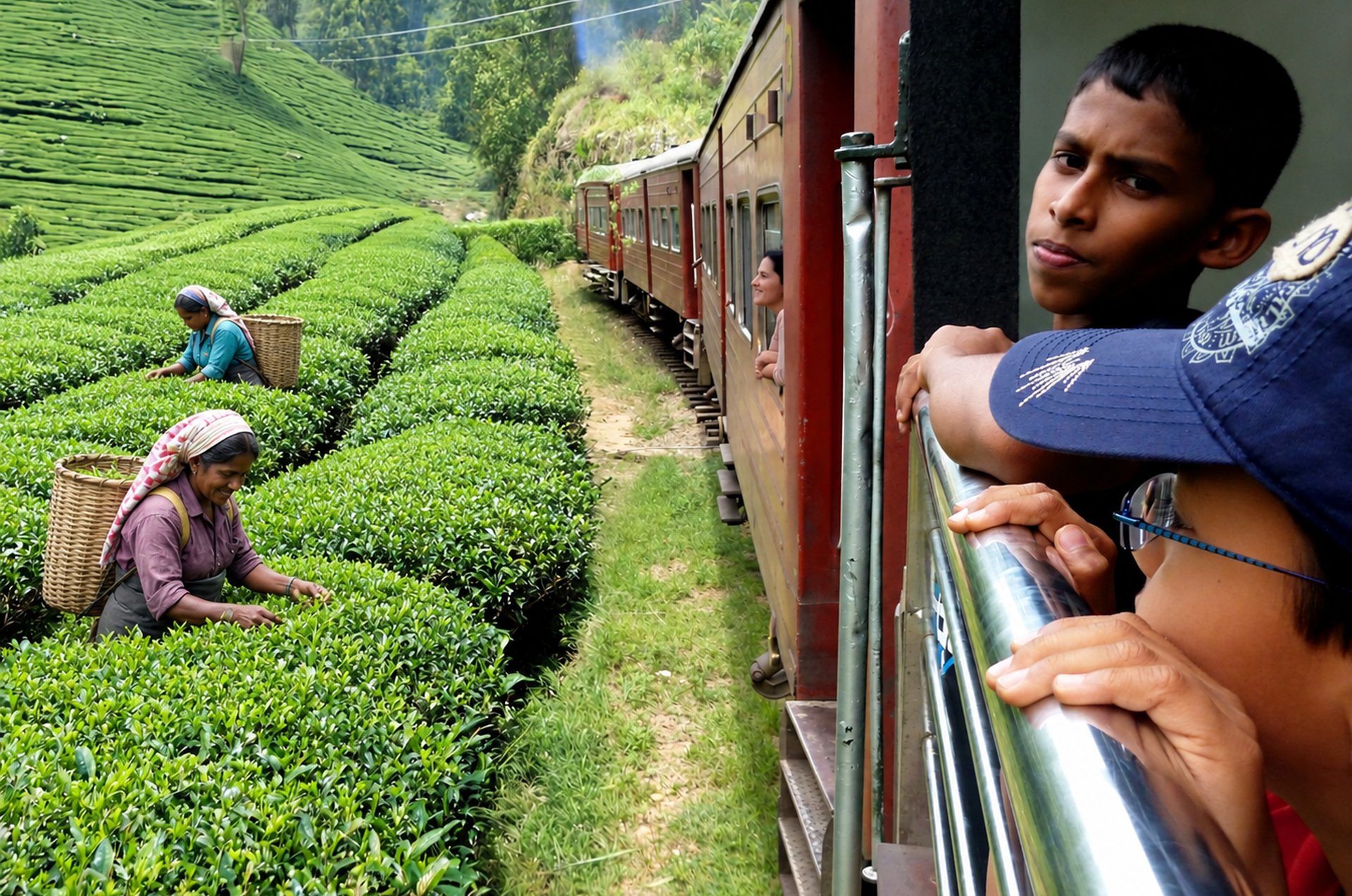 Zwei Kinder schauen aus einem Zug, der durch das Hochland in Sri Lanka fährt.